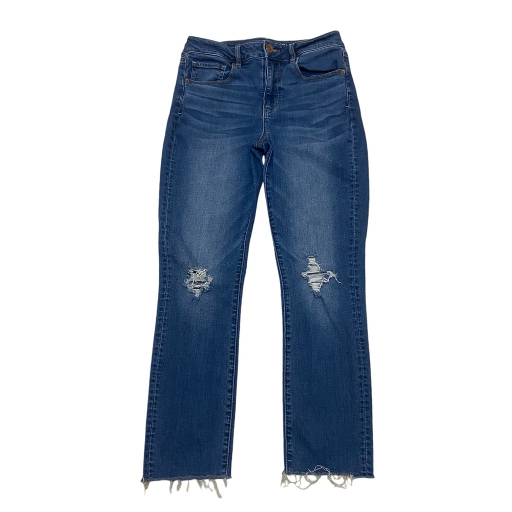 American Eagle Hi Rise Skinny Super Stretch Distressed Ankle Raw Hem Jeans Blue